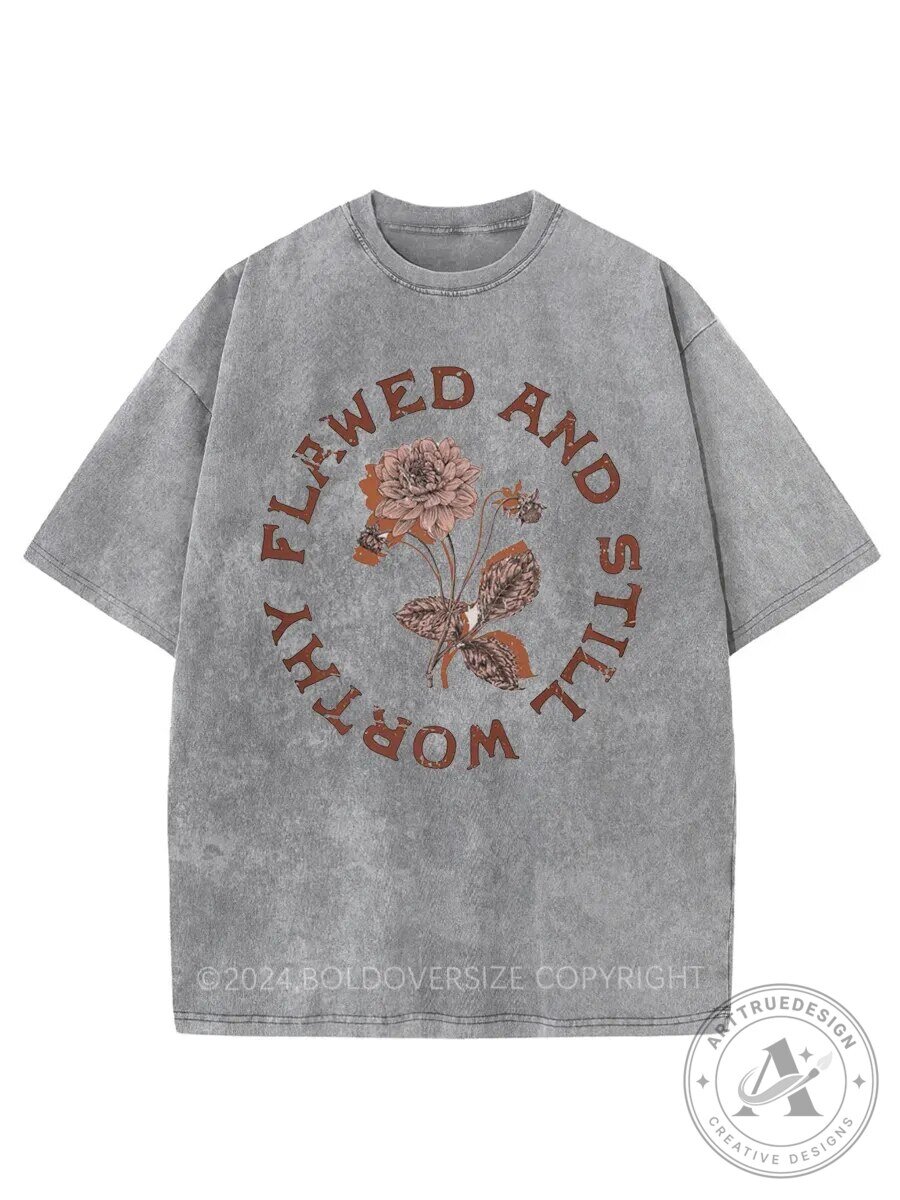 Flawed And Still Worthy Floral Graphic Washed Cotton T-Shirt