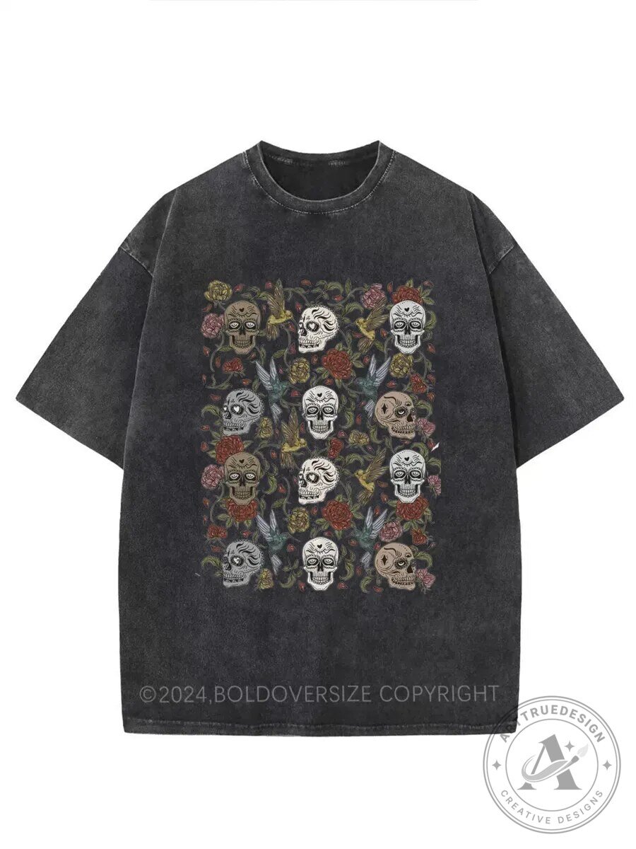 Vintage Gothic Skull Floral Washed Oversized T-Shirt