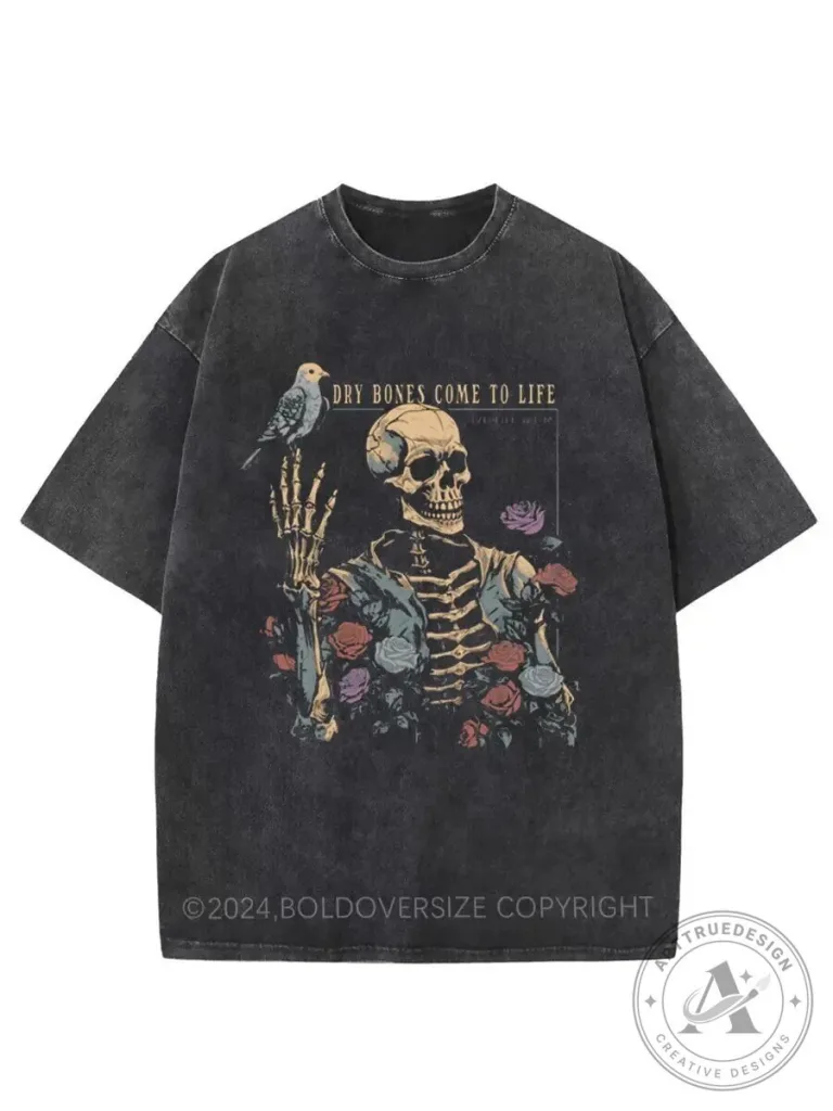 Vintage Dry Bones Come To Life Skeleton and Bird Washed T-Shirt 1 Vintage Dry Bones Come To Life Skeleton and Bird Washed T-Shirt