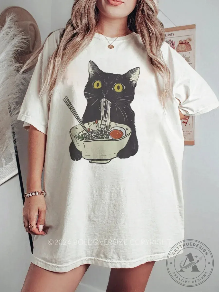 Funny Black Cat Eating Ramen Noodles T-Shirt